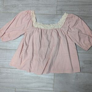 Women's Tonal Embroidered Square Neck Blouse Pink Plus Size 2XL